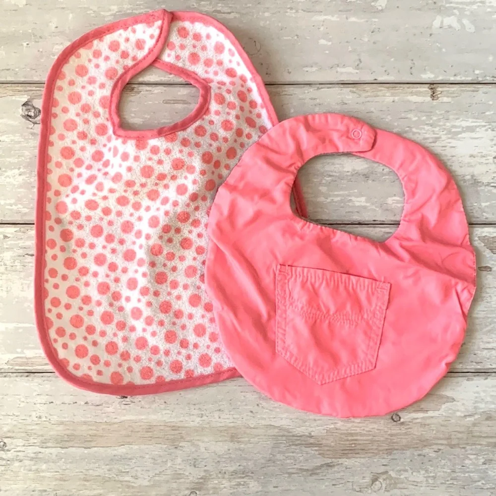 BabyGap Baby Girl Bibs Set of 2 Pink Gray Reversible Bib Terry Cloth Polka Dot